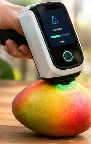 Illustration of a handheld near-infrared sensor measuring a mango